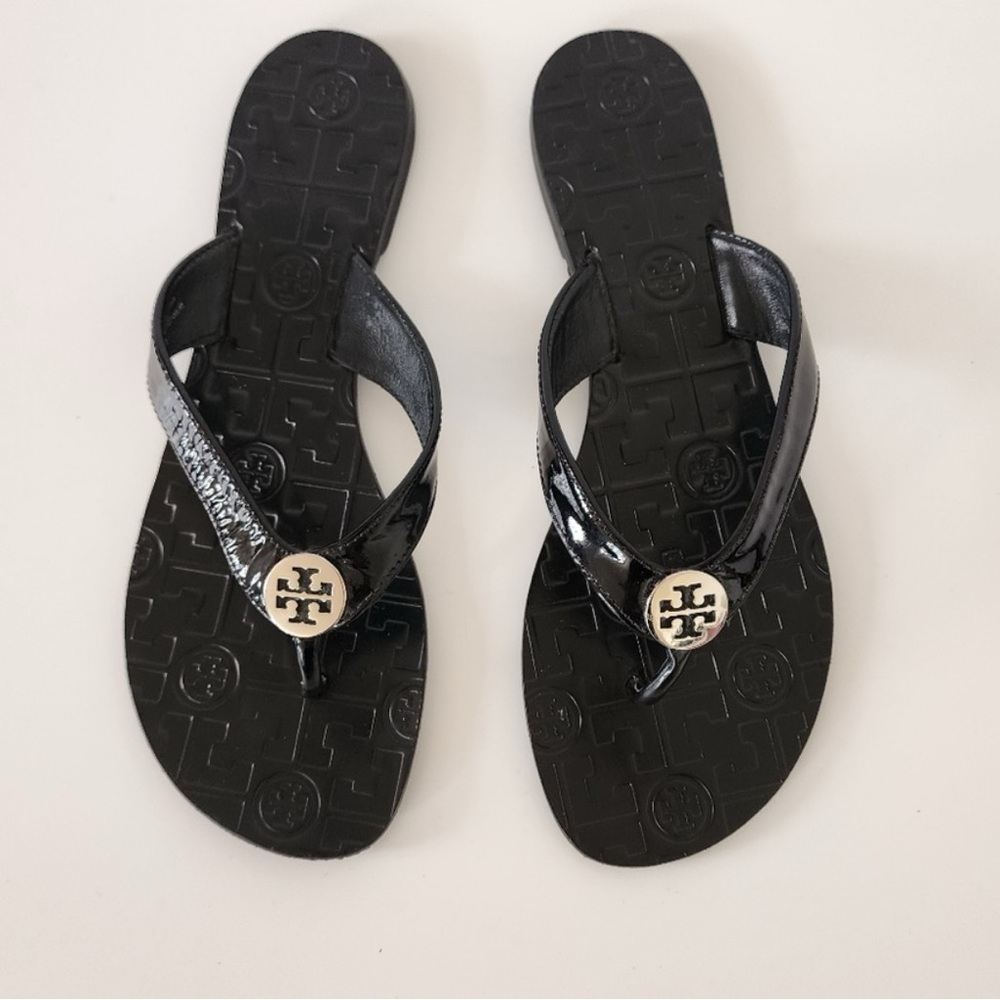 Tory Burch Thora Black Patent Leather Flip Flops